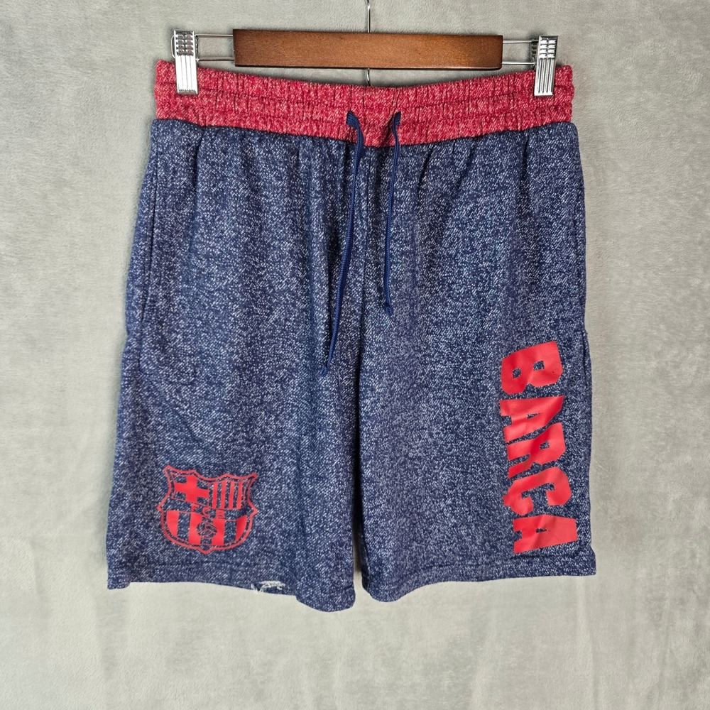 FC Barcelona Mens Blue Red Heathered Barca Logo Athletic Sweat Shorts Size M